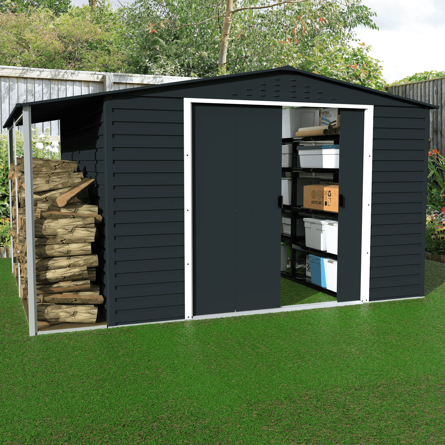 Caseta de Jardin Alpine 10x10 gris antracita + extensión leñero - Ibercasetas