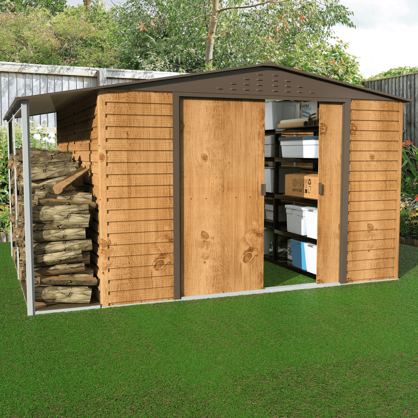 Caseta de Jardin Alpine 10x10 imitación madera + extensión leñero - Ibercasetas