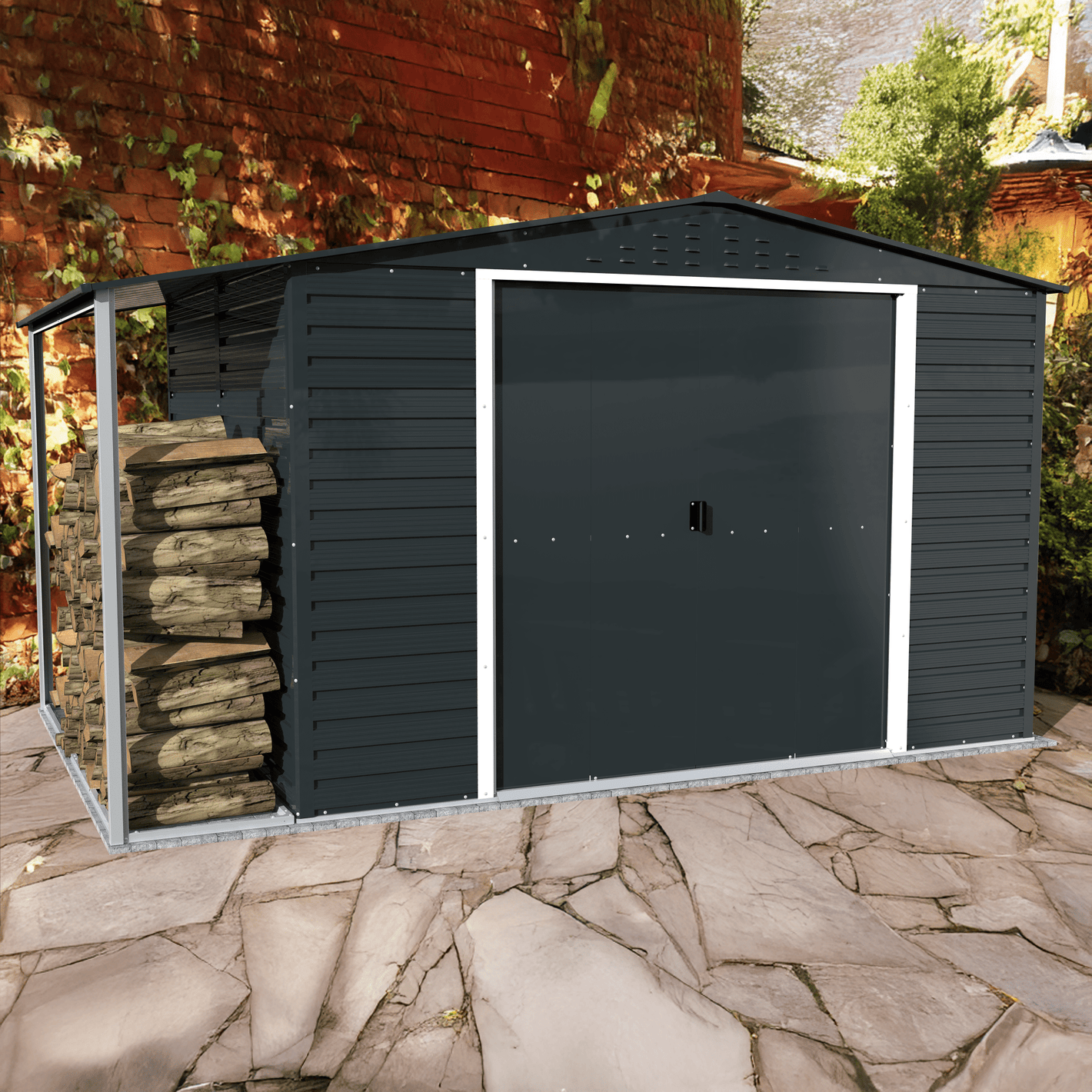 Caseta de Jardin Alpine 10x8 gris antracita + extensión leñero - Ibercasetas