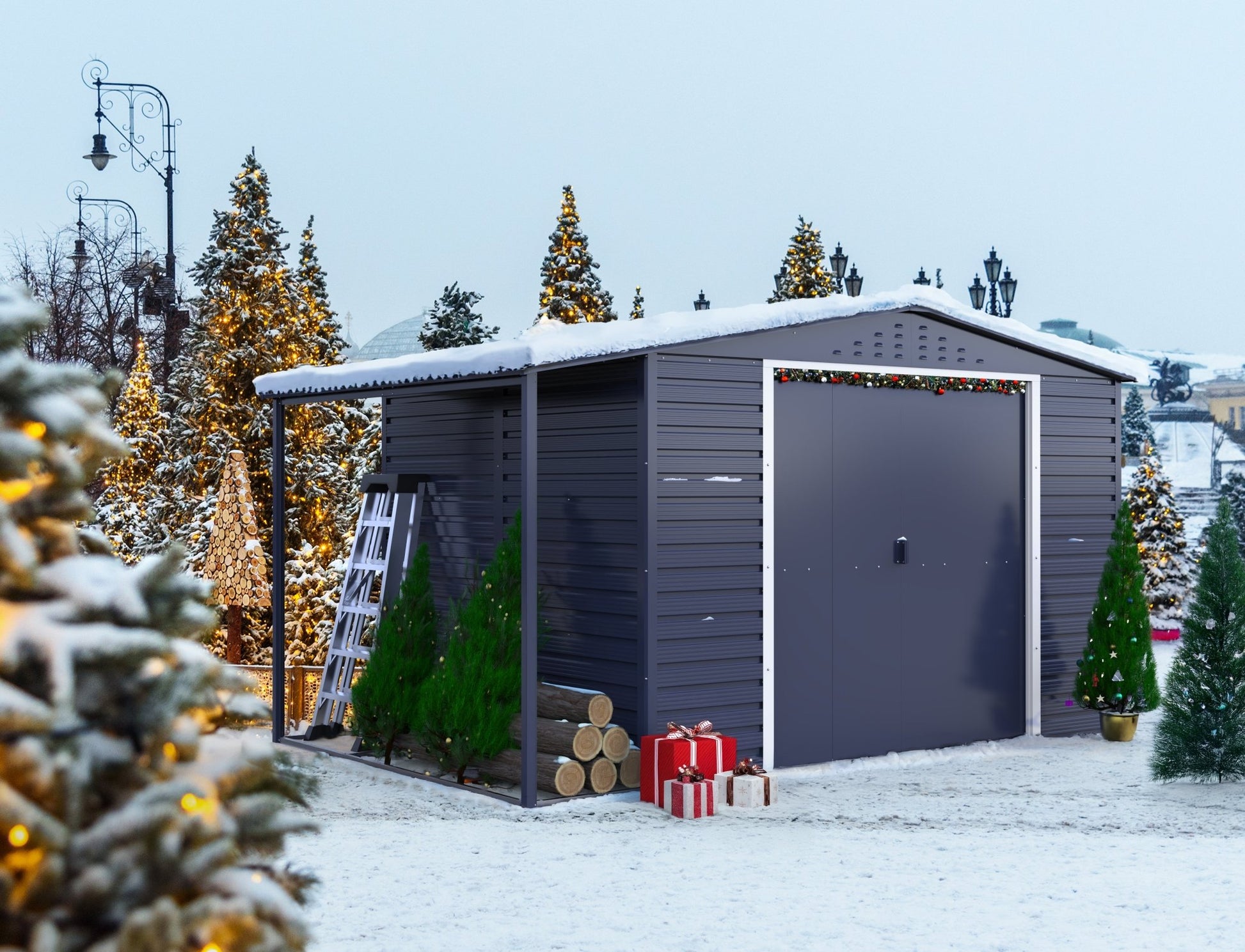 Caseta de Jardin Alpine 10x8 gris antracita + extensión leñero - Ibercasetas