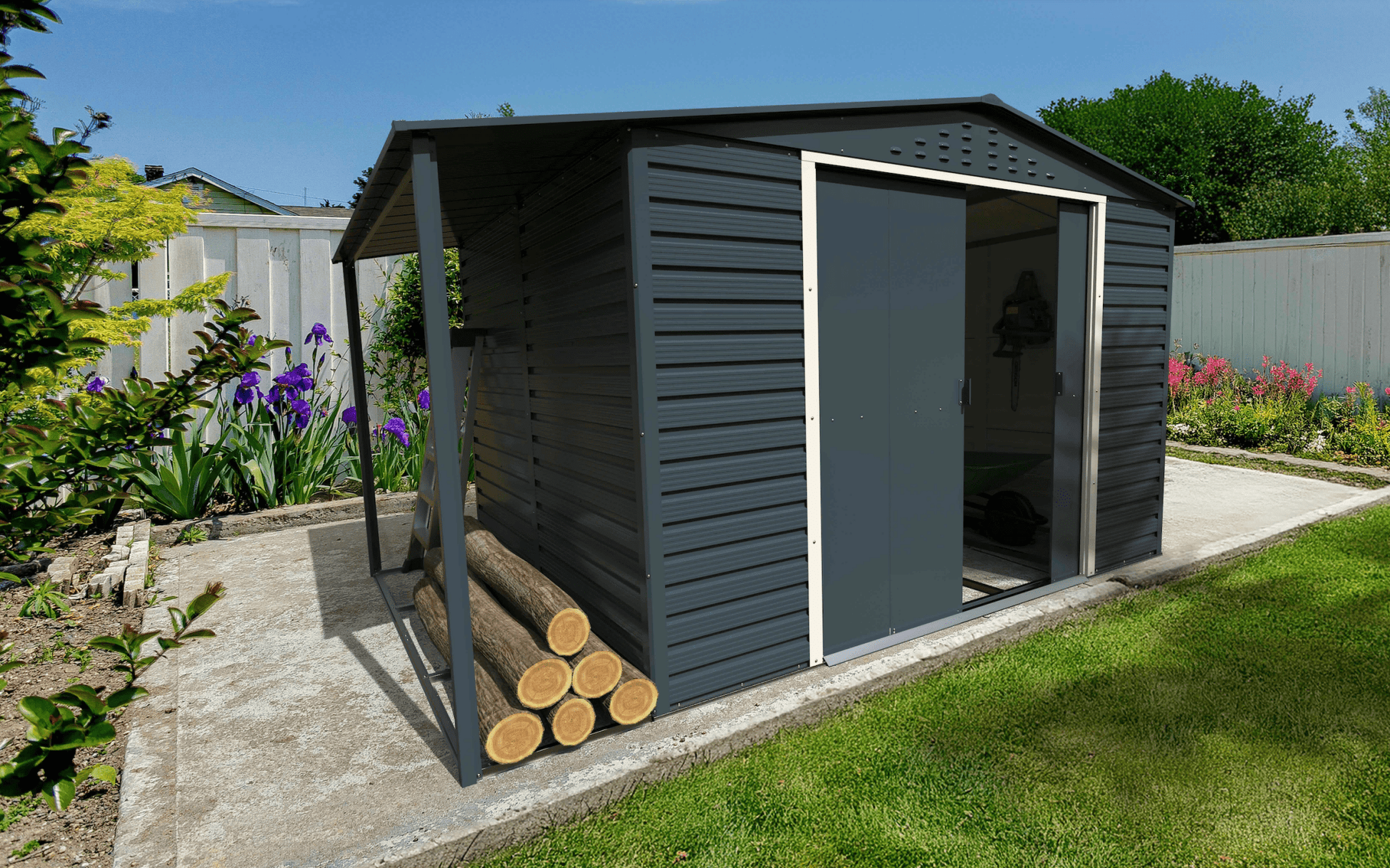 Caseta de Jardin Alpine 10x8 gris antracita + extensión leñero - Ibercasetas