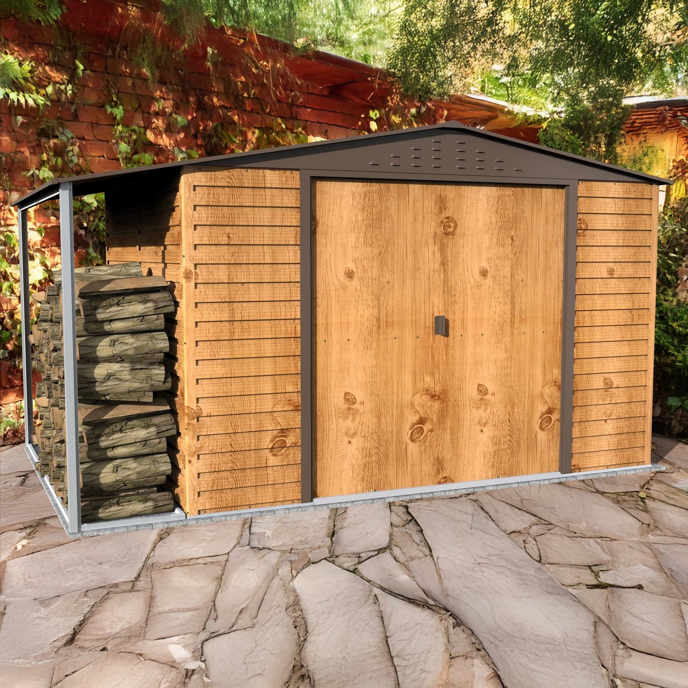 Caseta de Jardin Alpine 10x8 imitación madera + extensión leñero - Ibercasetas