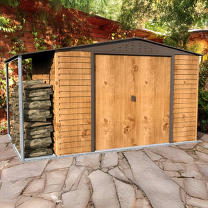 Caseta de Jardin Alpine 10x8 imitación madera + extensión leñero - Ibercasetas