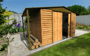 Caseta de Jardin Alpine 10x8 imitación madera + extensión leñero - Ibercasetas