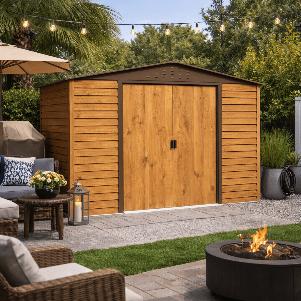 Caseta de jardín Alpine 8x6 - 261,7x183x209 cm y 4,37 m² - Imitación Madera - Ibercasetas