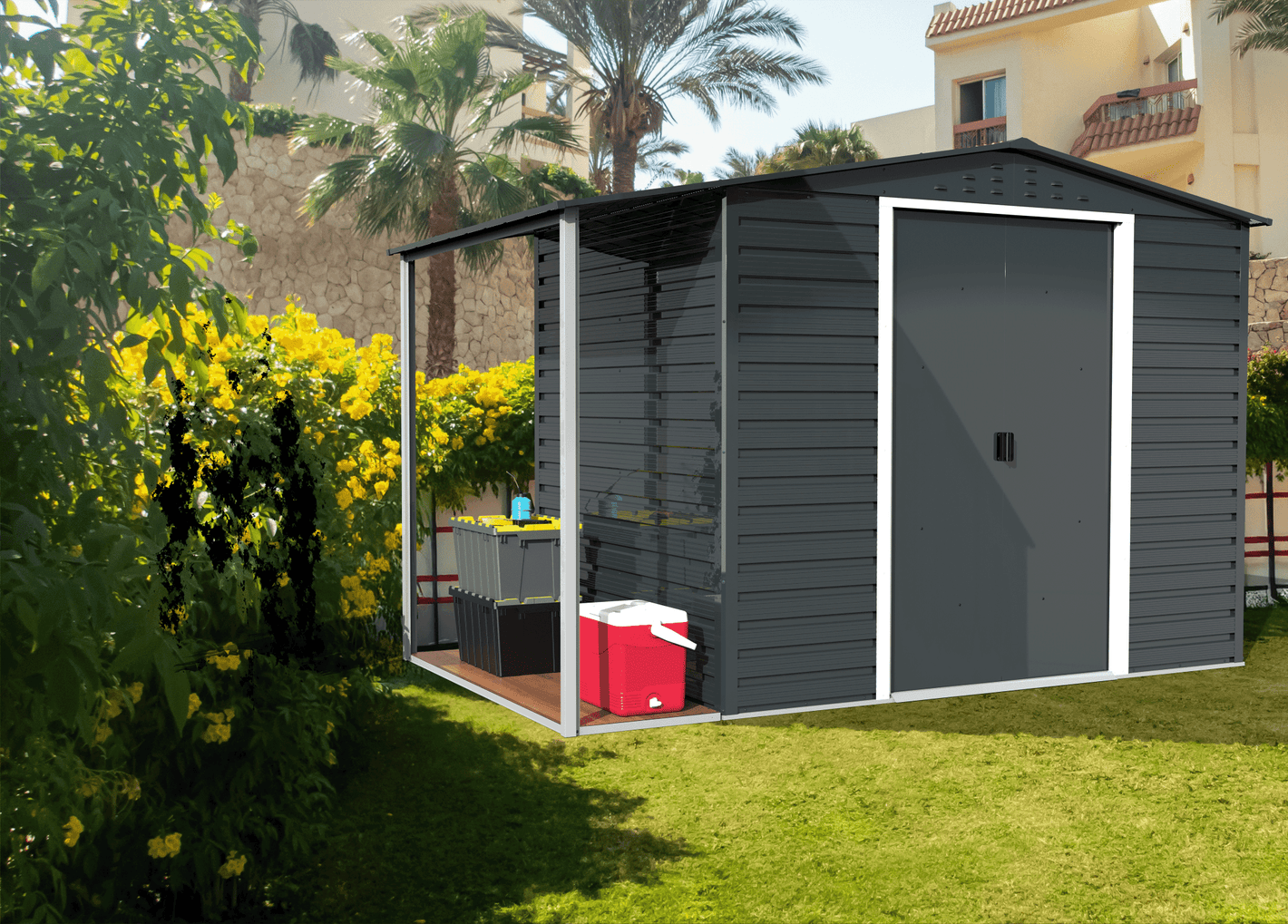 Caseta de Jardin Alpine 8x6 gris antracita + extensión leñero - Ibercasetas