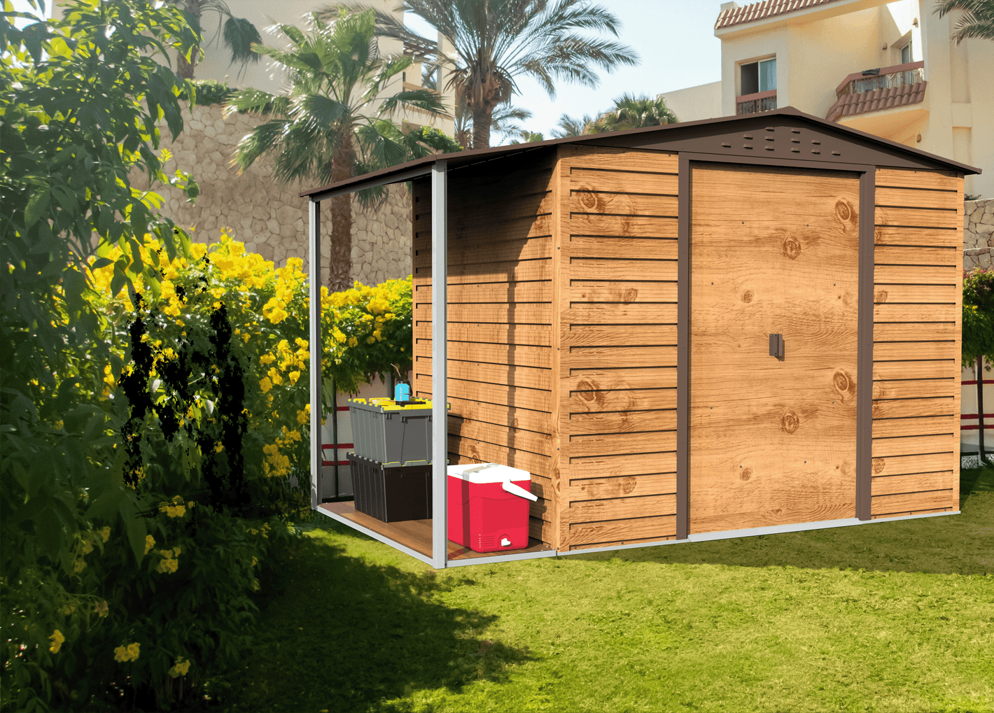 Caseta de Jardin Alpine 8x6 imitación madera + extensión leñero - Ibercasetas