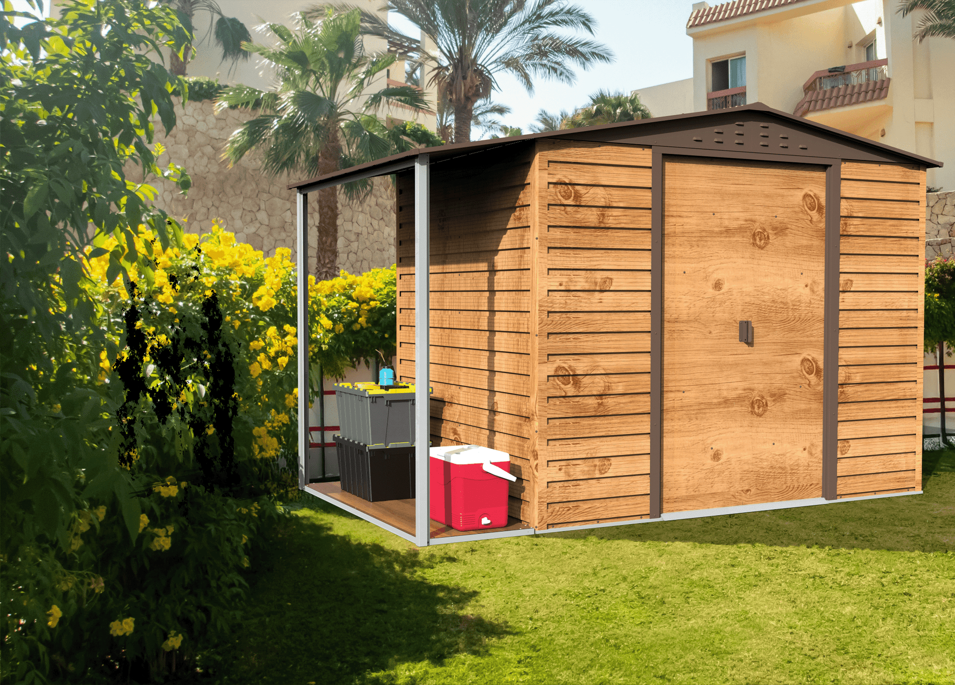Caseta de Jardin Alpine 8x6 imitación madera + extensión leñero - Ibercasetas